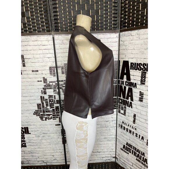 Halogen Nordstrom L Chocolate Brown Faux Leather Crew Neck Sleeveless Shell Top - Picture 3 of 5